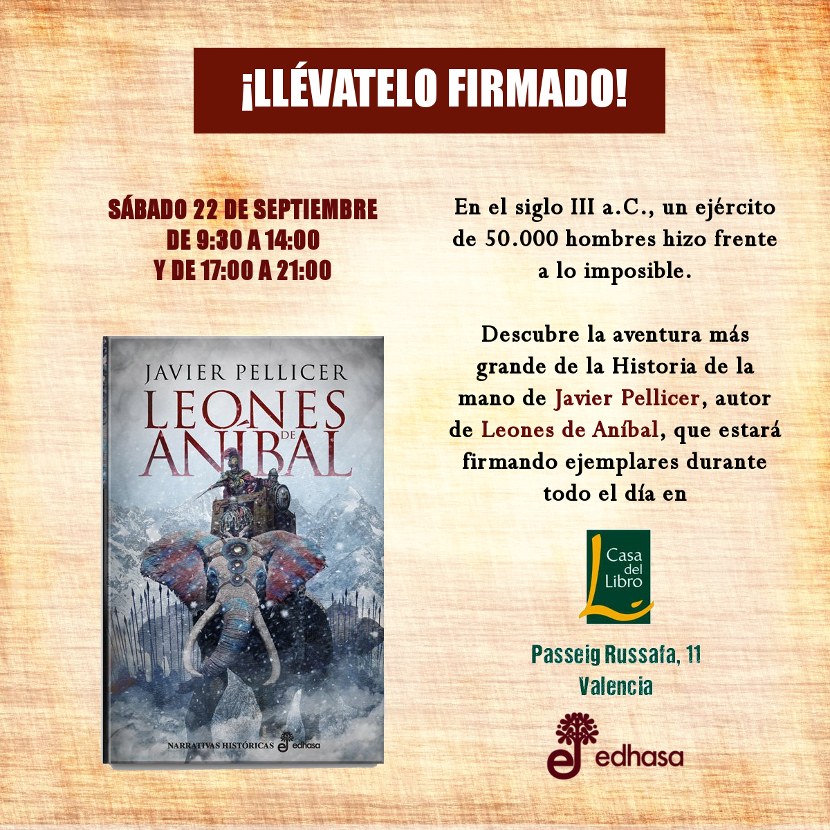 Firma de libros en Valencia: Los Leones de Aníbal de Javier Pellicer